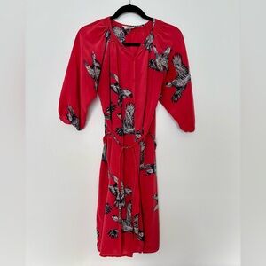 Red Silk Midi Dress with Bird Print
